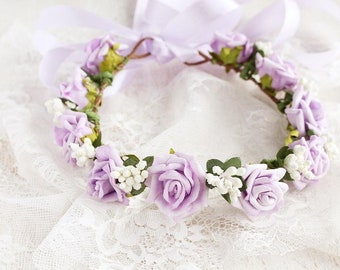 Lilac Rose Crown, Flower Girl Halo, Toddler Crown, Boho Rose Crown, Lilac Kids Crown, Baby Flower Crown, Lilac Wedding Halo, Bridesmaid Halo