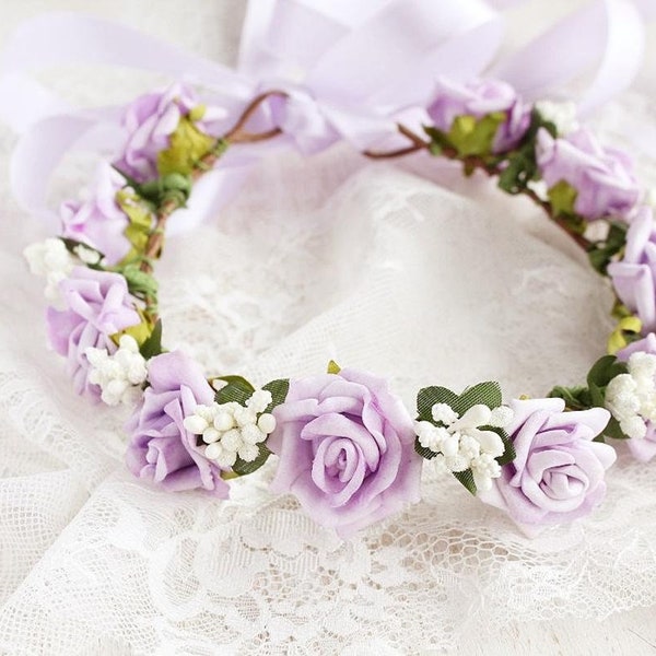 Couronne de rose lilas, Flower Girl Halo, Couronne pour tout-petits, Boho Rose Crown, Couronne pour enfants lilas, Couronne de fleurs de bébé, Halo de mariage lilas, Halo de demoiselle d'honneur