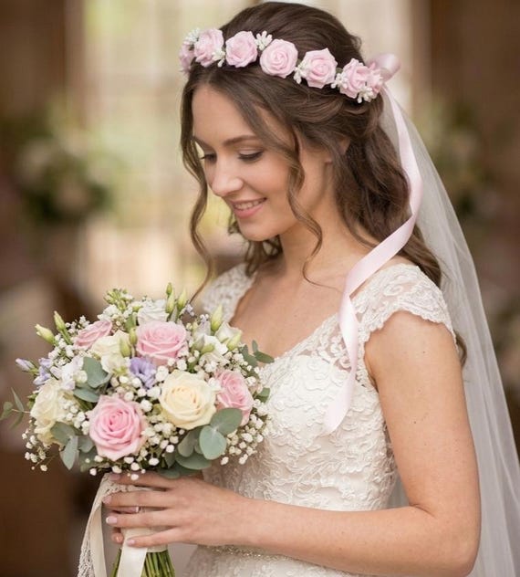 Hand Crafted Pink & Cream Floral Bridal Headpiece Flower Crown Wedding in Cream and Pink, Boho Bridal Hair  main image 3