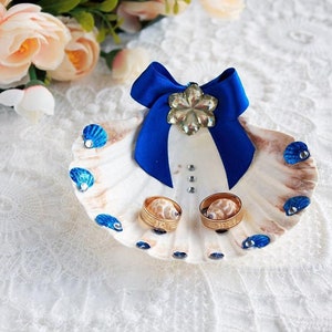 Navy Blue Shell Ring Holder, Beach Wedding Ring Dish, Nautical Ring Bearer Pillow Alternative, Coastal Wedding Decor, Seaside Ceremony