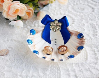 Royal Blue Seashell Ring Holder, Nautical Ring Bearer Beach Exotic Wedding, Coastal Wedding Ring Bearer, Shell Ring Holder Ring Bearer Shell