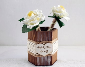 Personalized Wedding Guest Book Pen Set, Cream Rose Burlap Pen with Holder, Rustic Vintage Wedding Decor, Bridal Shower Gift Idea Keepsake