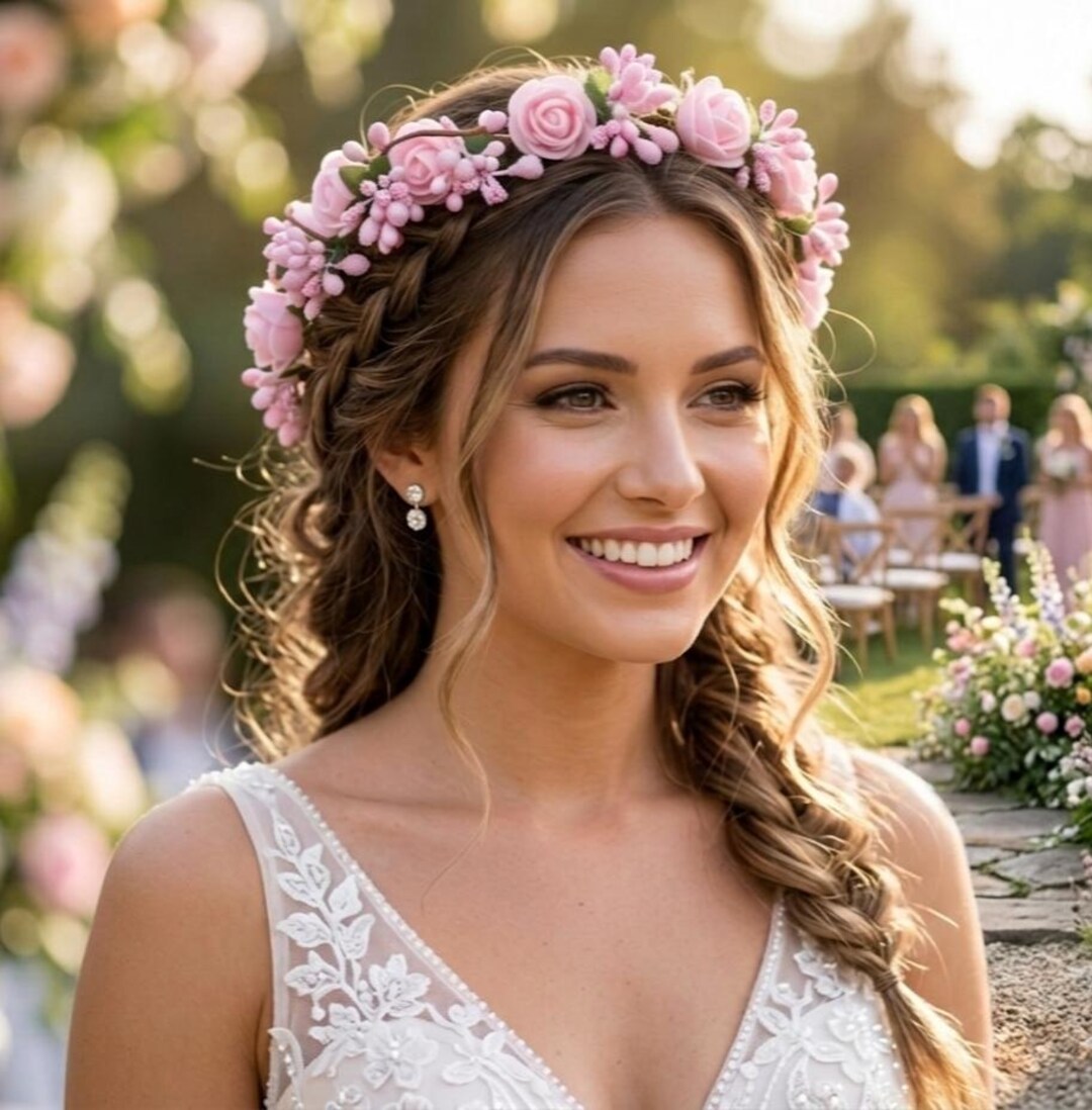 Pink Flower Crown, Bridal & Bridesmaid Hair Accessory  display picture 2