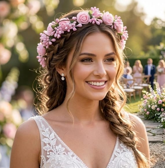 Pink Flower Crown, Bridal & Bridesmaid Hair Accessory, Flower Girl