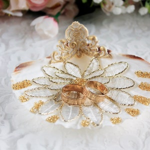 Seashell Ring Holder with Golden Lace Flower, Beach Ring Bearer for Shabby Chic, Coastal or Nautical Wedding, Proposal Ring Bearer Shell
