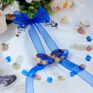 Blue Seashell Ring Bearer for Beach Wedding, Coastal Ring Pillow, Nautical Ceremony Decor, Navy Blue Ocean-Themed Wedding Ring Holder