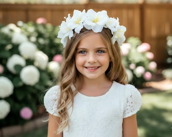 White Flower Girl Crown | Boho Wedding Halo | Bridal Hair Wreath | Woodland Headband | Girls Floral Halo
