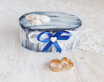 Blue Beach Wedding Ring Box, Nautical Ring Bearer, Blue Oval Ring Box, Blue Ring Holder, Ring Box with Seashells, Shabby Chic Beach Ring Box