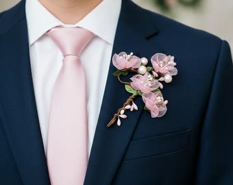 Cherry Blossom Wedding Boutonniere, Pink Groom Buttonhole, Groomsmen Boutonniere, Spring Wedding Lapel Flower, Prom Boutonniere