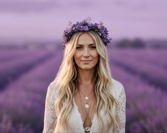 Lavender Bridal Flower Crown, Purple Boho Wedding Headpiece, Flower Girl Crown, Woodland Hair Wreath