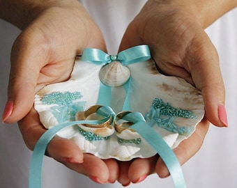 Turquoise Beach Wedding Seashell Ring Holder, Ring Bearer Shell, Exotic Ring Bearer, Beach Ring Pillow, Natural Seashell Beach Ring Holder