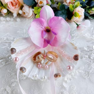 Exotic Tropical Ring Holder - Pink Orchid Seashell Ring Bearer, Beach Wedding Ring Dish, Destination Wedding Decor, Seashell Ring Bearer
