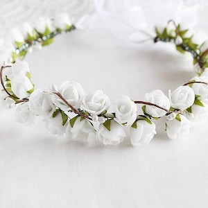 White Rose Bridal Crown, Boho Wedding Halo, Woodland Headband, Flower Girl Crown, White Communion Crown, Toddler Hair Wreath, Baptism Halo