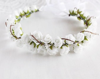 White Rose Bridal Crown, Communion Wreath, Boho Rose Crown, Woodland Halo, Flower Girl Crown, White Bridal Halo, Communion Crown, Toddler