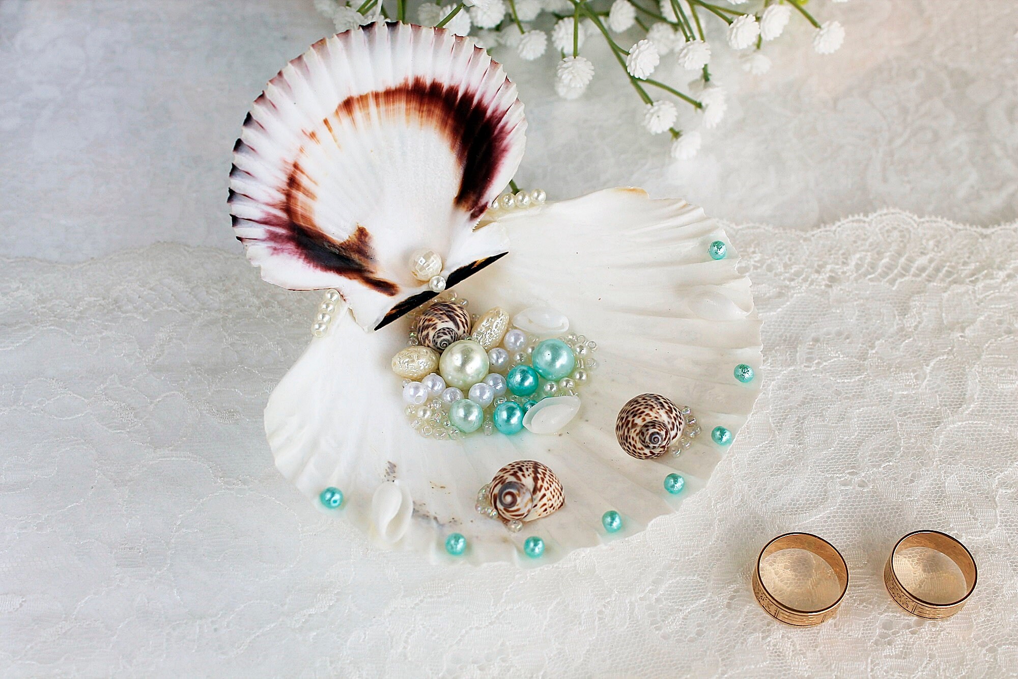 Beach Wedding Ring Bearer Double Seashell Ring Holder Exotic Etsy