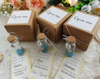Mensajes en botella para pedir en la playa: regalos para la dama de honor, recuerdos para damas de honor y niñas de las flores.