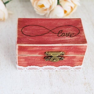 Red Shabby Chic Wedding Ring Box – Infinity Symbol Engraved, Rustic Ring Bearer Box, Custom Country Ring Box, Red Engagement Wood Box