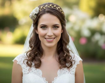 Elegant Gold Bridal Crown – Romantic Floral Wedding Halo, Boho Woodland Headpiece for Bride, Rustic Wedding & Flower Girl Crown