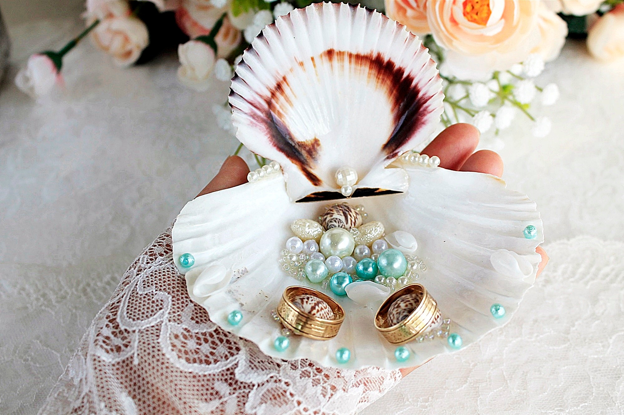 Beach Wedding Ring Bearer Double Seashell Ring Holder Exotic Etsy Denmark