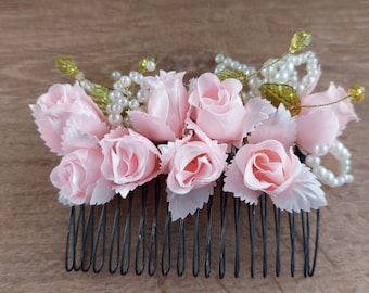 Blush Pink Bridal Hair Comb, Rose Buds Head Piece, Boho Wedding Comb, Pink Bridal Comb, Pink Floral Comb, Pink Rose Hair Comb, Bridal Comb