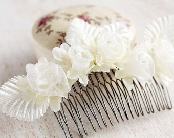 Pettine per capelli rosa seta crema, pezzo di capelli da sposa Boho, pettine da sposa crema, parte posteriore della testa, pettine di fiori da damigella d'onore, pezzo di capelli da sposa Boho crema