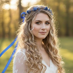 Navy Blue Rose Flower Crown – Boho Bridal Headband, Rustic Woodland Wedding Hairpiece, Navy Blue Floral Halo