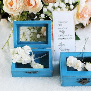 Turquoise Bridesmaid Proposal Box, Beach Bridesmaid Gift, Maid of Honor Gift Box, Shabby Chic Wood Box, Flower Girl Gift, Rustic Keepsake