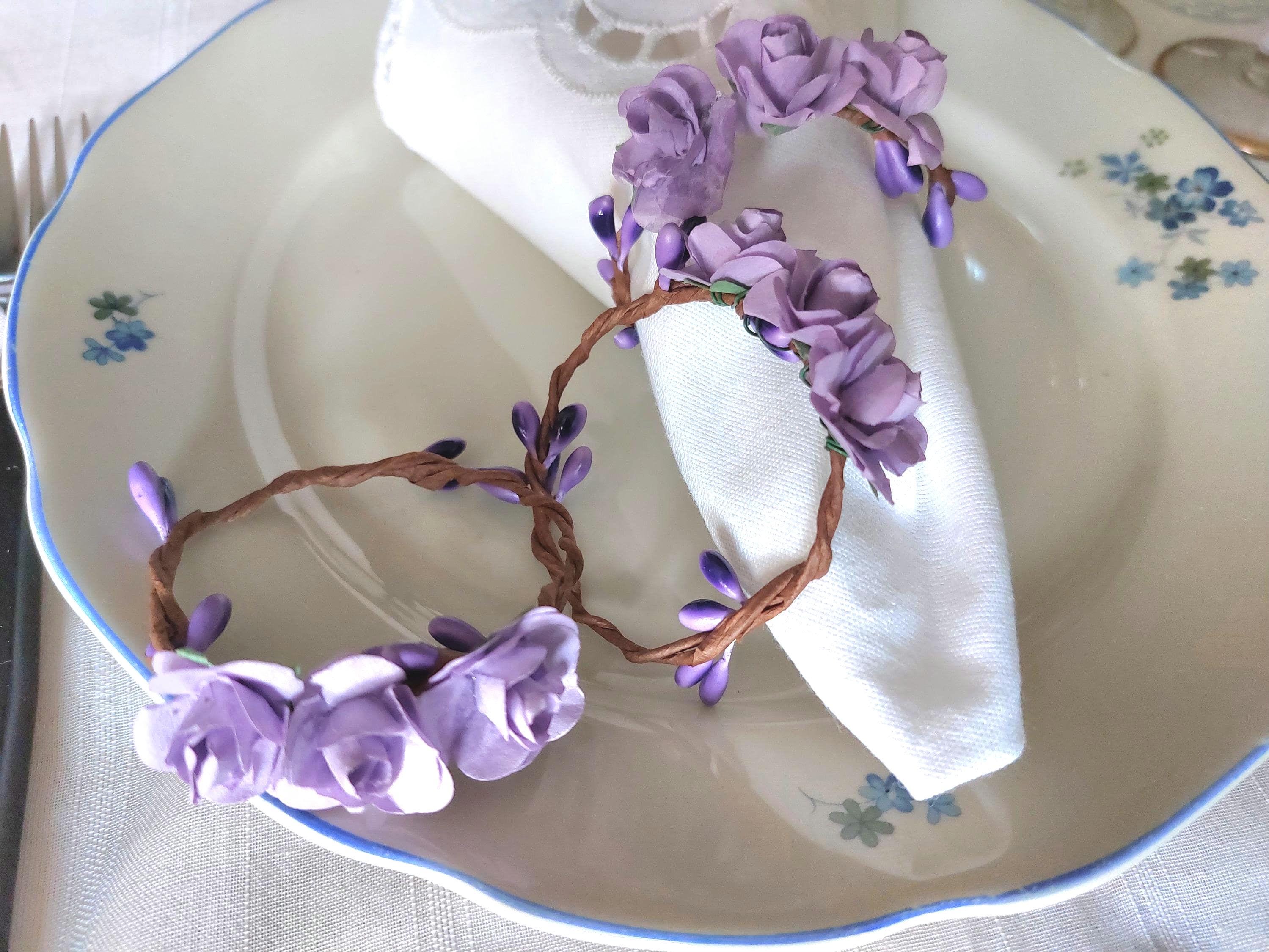 ラベンダーの花柄ナプキンリング4個セット、ライラックローズの