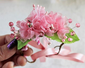 Cherry Blossom Wrist Corsage, Pink Flower Bracelet, Spring Wedding Corsage, Cherry Blossom Bridal Bracelet, Pink Prom Corsage Bracelet