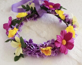 Lilac Yellow Summer Wedding Crown, Bohemian Halo, Woodland Headband, Bridal Hair Wreath, Festival Crown, Boho Hair Crown, Flower Girl Wreath