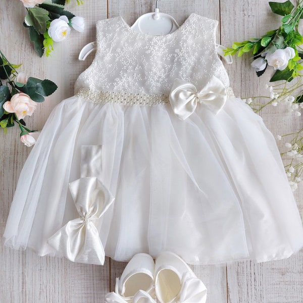 Baby Girl Baptism, Christening Outfit Set, 9-12 months Baby Girl Dress, Ivory Lace Tulle Baby Girl Dress, Headband, Booties, Off-White Dress