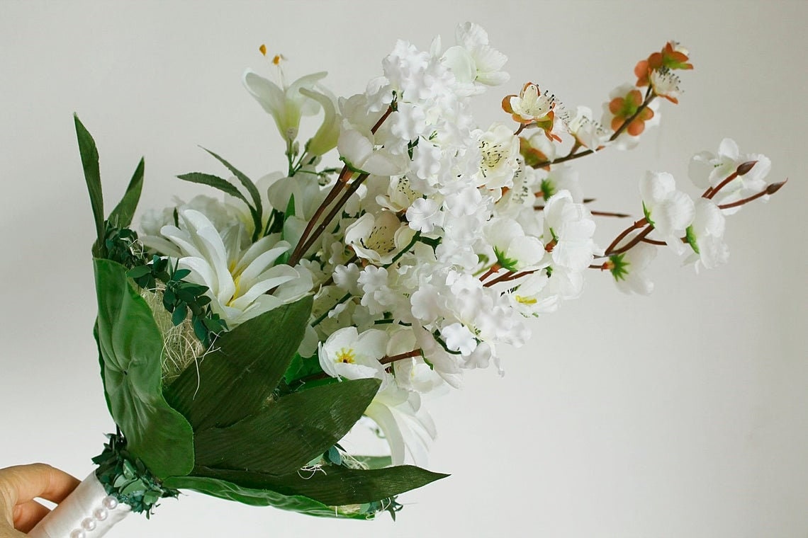 White Cherry Blossom Bridal Bouquet Silk Flowers Bouquet Etsy
