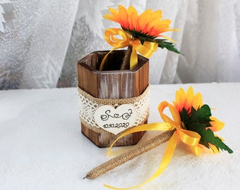 Sunflower Guest Book Pen & Holder, Rustic Summer or Fall Wedding Decor, Country Bridal Shower Pen Set, Woodland Wedding Sunflower Pen