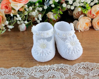 Baptism Baby Girl Booties, Crochet Baby Shoes, White Christening