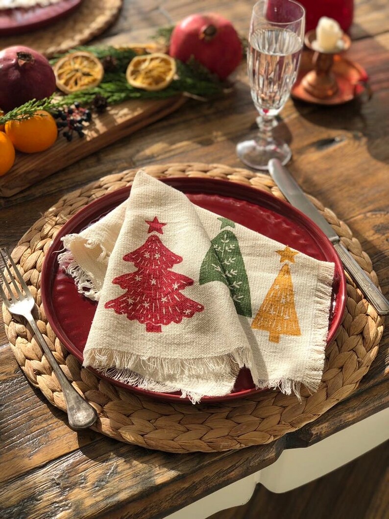 Colorful Trees Table Napkin Set of 2,4,6,8, Handprinted Natural Cotton Napkins, Thanksgiving Dinner Table Settings, Mother's Day Gift, image 3