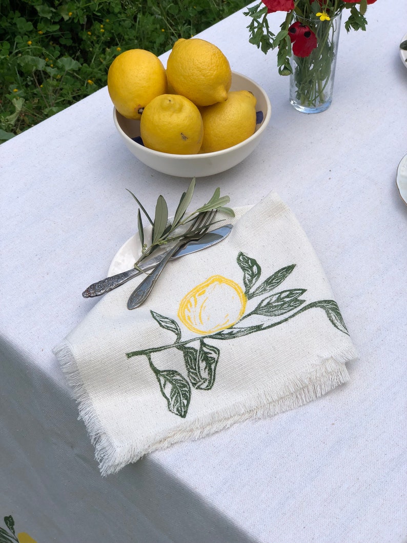 Lemon Table Napkin Set of 2,4 Handprinted Natural Cotton Napkins, Veggie Napkins, Thanksgiving Dinner Table, Summer Tables, Gift for Mom image 2