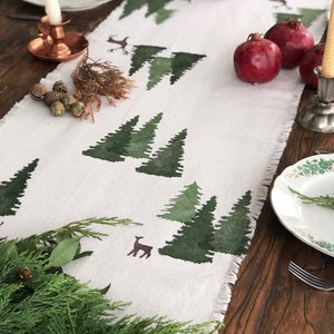 Christmas Cotton Table Runner, Handprinted Winter Table runner, Custom Table Runner, Pine printed runner, Table Decoration, Christmas Gift image 3