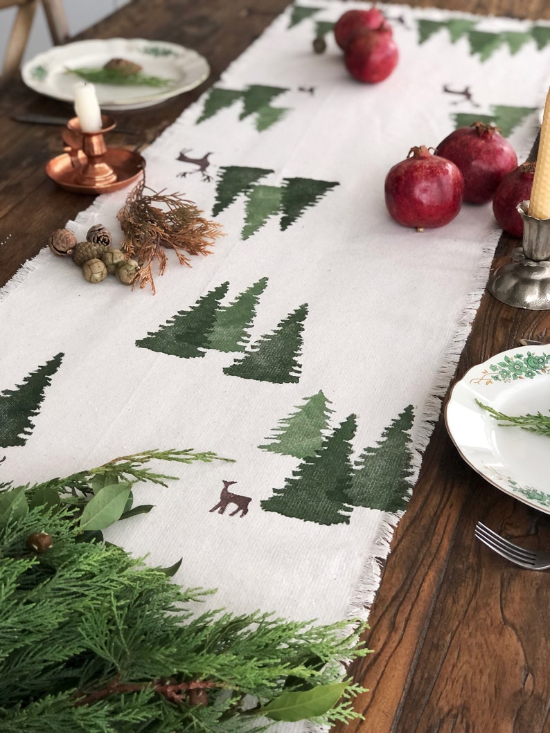 Christmas Cotton Table Runner, Handprinted Winter Table runner, Custom Table Runner, Pine printed runner, Table Decoration, Christmas Gift image 3