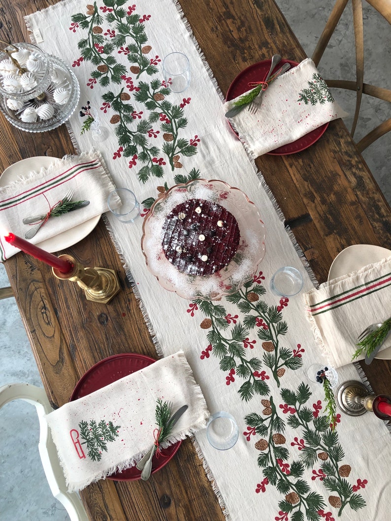 Holly and Pine Cotton Handprinted Table Runner, Housewarming Table Runner, Gift Ideas ,Dinner Tables, Mothers day gift, Hallowen Gift image 6