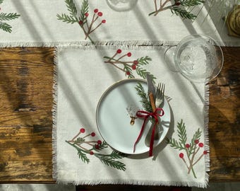 Christmas Handprinted Placemats Set 2-4, Cotton Pine Holly Berry Placemats, Thanksgiving Hosting Gift