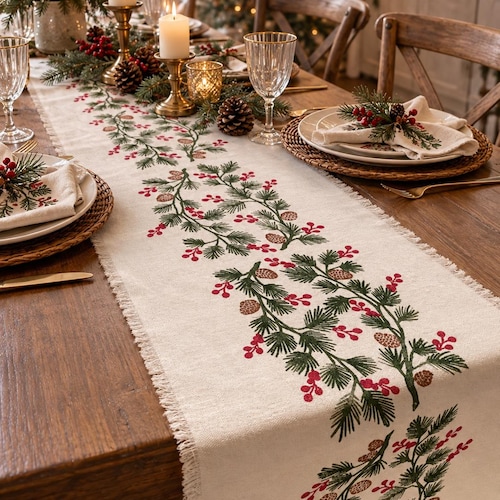 Chemin de table de Noël avec houx et pin, nappe en coton imprimée à la main, décoration de Thanksgiving