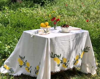 Lemon Cotton Tablecloth, Handprinted Lemon Tablecloth, Mom Gift, Gift for women, Holiday gift, Housewarming Gift, Mothers Day Gift