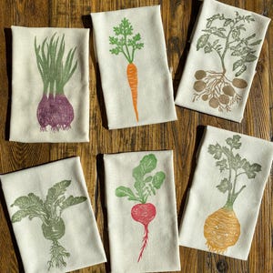 Root Vegetables Tea Towel Set, Handprinted Cotton Dish Cloth, Set of 2,4,6, Farm House Kitchen Decor, Make Your Own Set, Mothers Day Gift