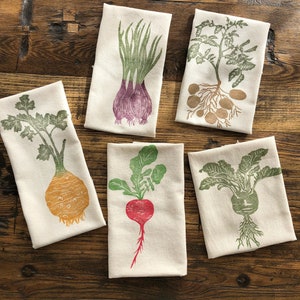 Root Vegetables Tea Towel Set, Handprinted Cotton Dish Cloth, Set of 2,3,4,5, Farm House Kitchen Decor, Make Your Own Set, Mothers Day Gift