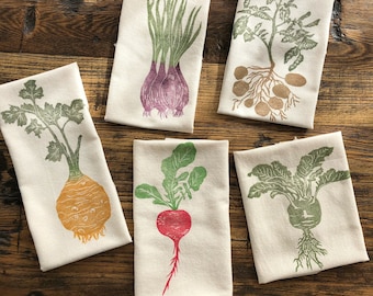 Root Vegetables Tea Towel Set, Handprinted Cotton Dish Cloth, Set of 2,3,4,5, Farm House Kitchen Decor, Make Your Own Set, Mothers Day Gift