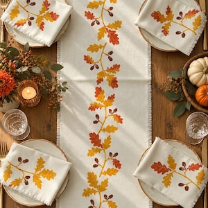 Hand Block Printed Cotton Table Runner, Autumn Leaf Fall Decor