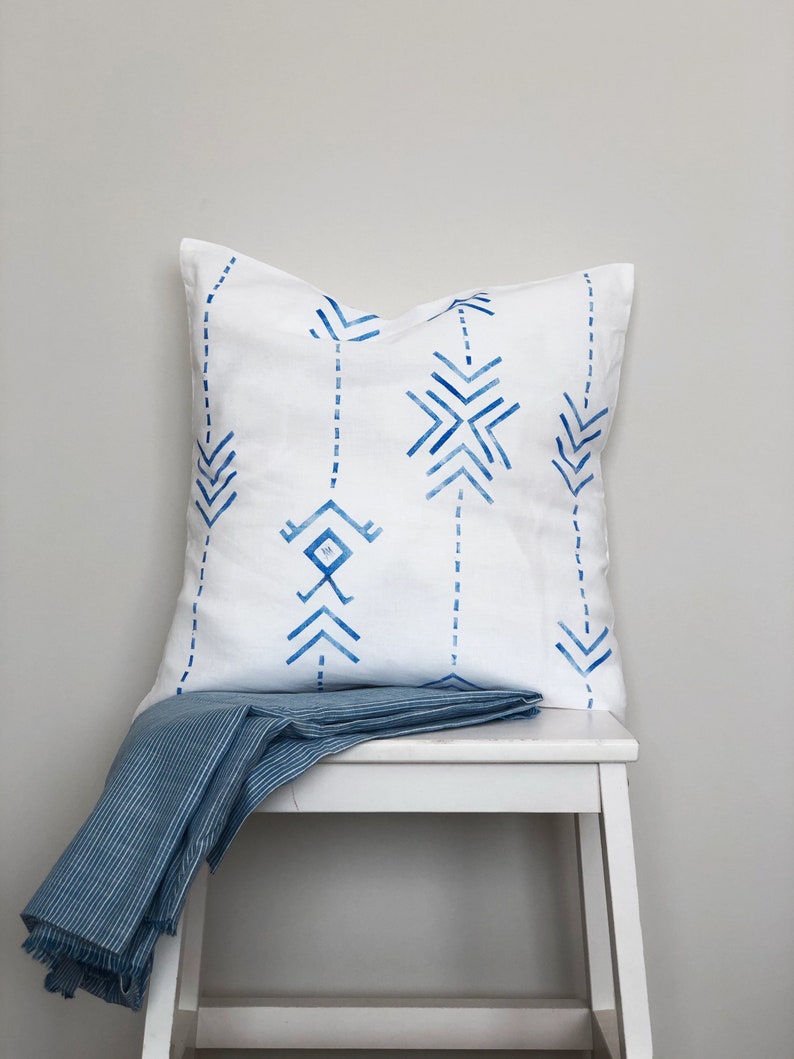 Block Printed African Style Linen Pillow Cover, Handprinted Geometric Decorative Pillow Case, Boho Cushion, Mothers Day Gift, Gift for Mum image 1