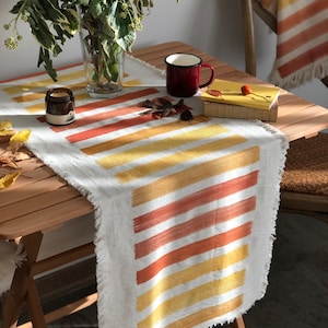 Stripe Table Runner, Brick & Mustard Table Runner, Block Print Cotton Table Runner, Housewarming Gift,Christmas Tables,Hosting Holiday Decor