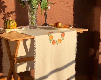 Pumpkin Cotton Table Runner, Handprinted Fall Table Runner, Housewarming Gift Ideas, Thanksgiving Home Decor, Hallowen Dinner Decoration