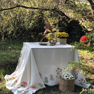 Hand Painted Tablecloth, Floral Cotton Dinner Tablecloth, Thanksgiving Table Settings, Custom Size, Mothers Day Gift, Housewarming Gift